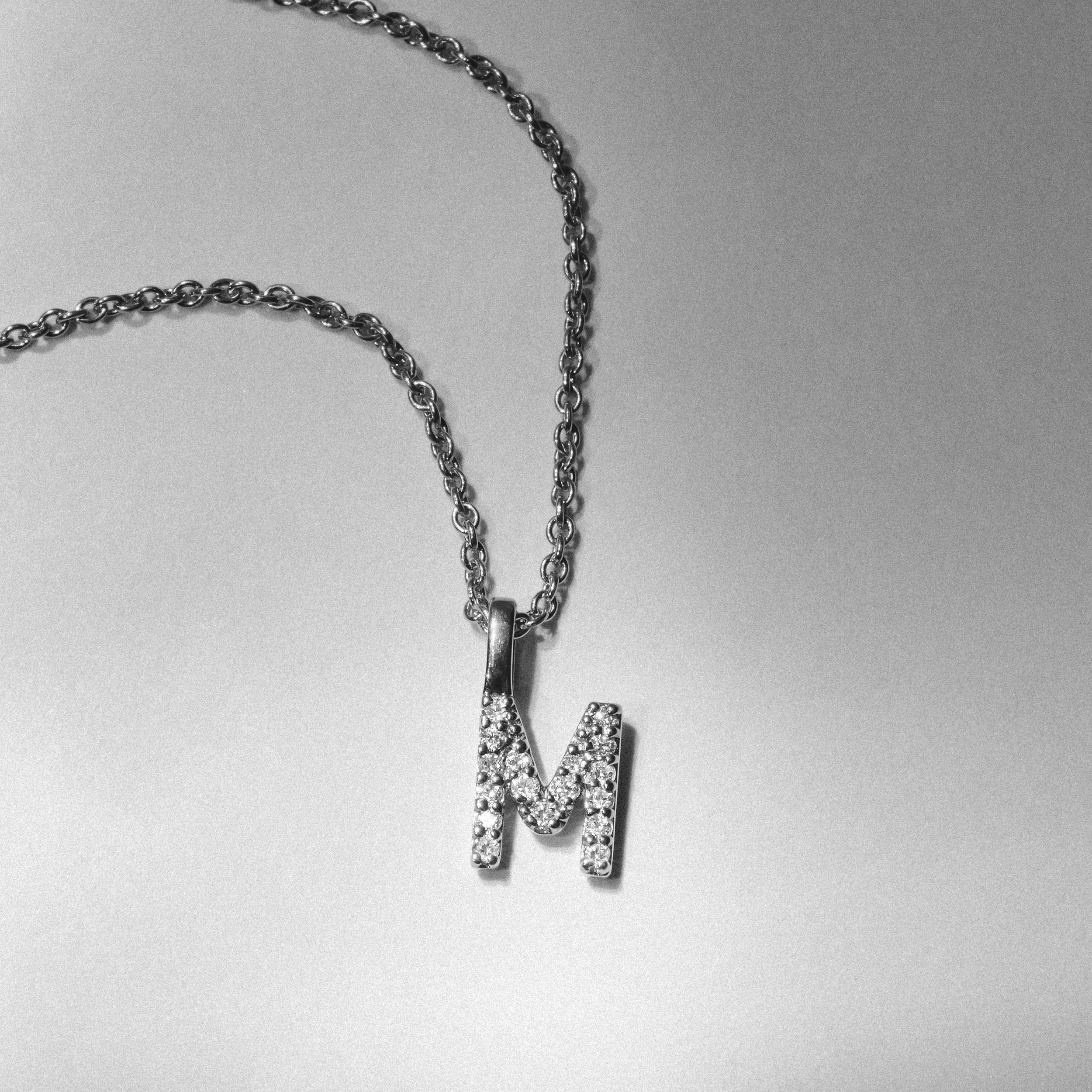 Love Letter Initial M Lab Diamond Necklace set in 9K White Gold